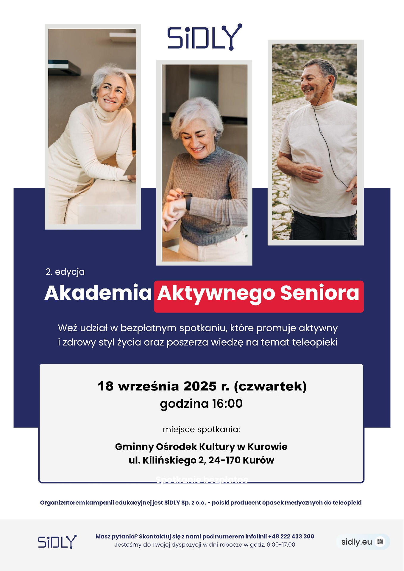 Plakat informacyjny dot. spotkania w ramach Akademii Aktywnego Seniora. Szczegółowe informacje w tekście.
